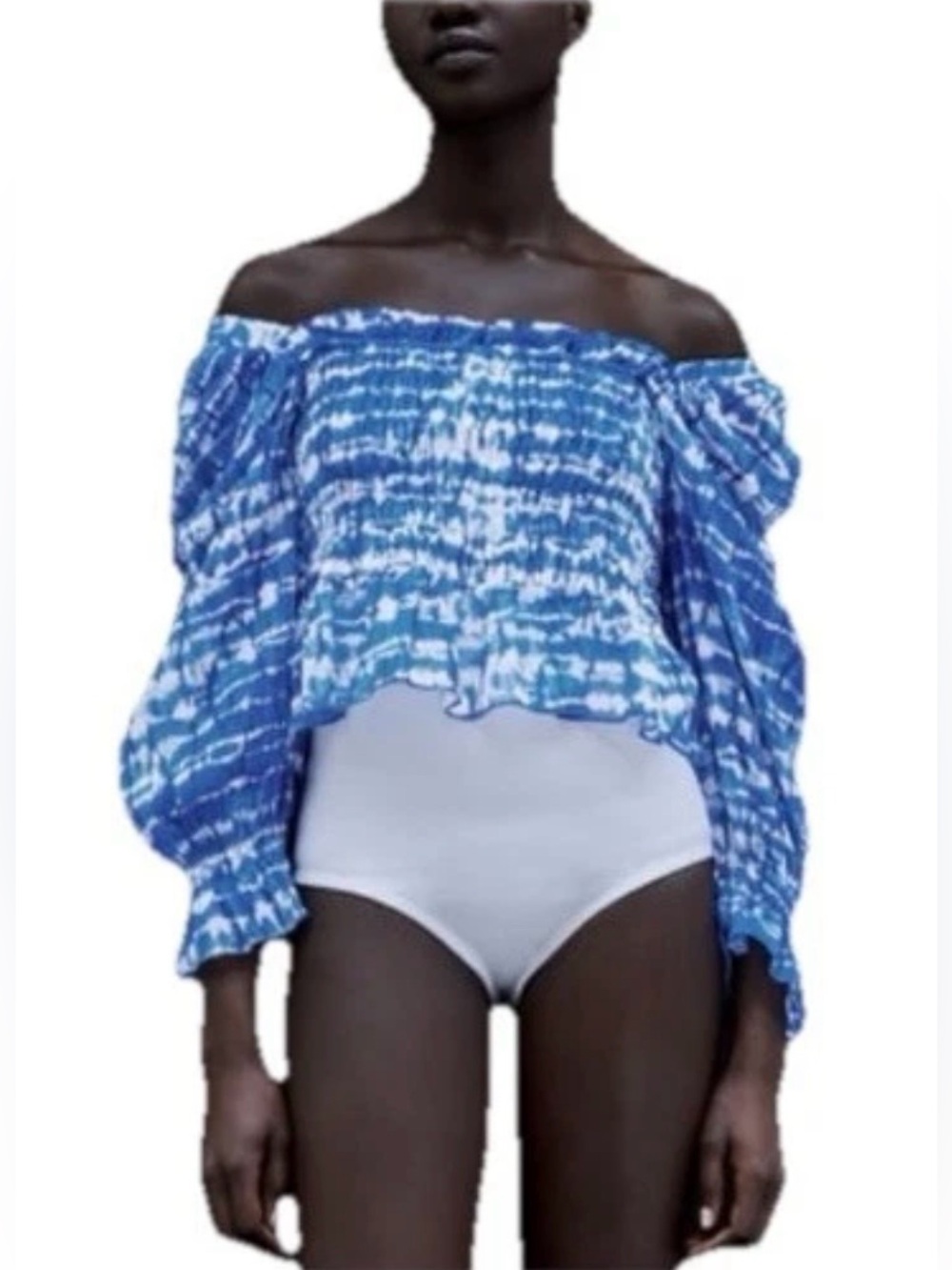 Zara Blue Tie-Dye Cropped Off The Shoulder Shirred Peplum Top w Puff Sleeves-Sm